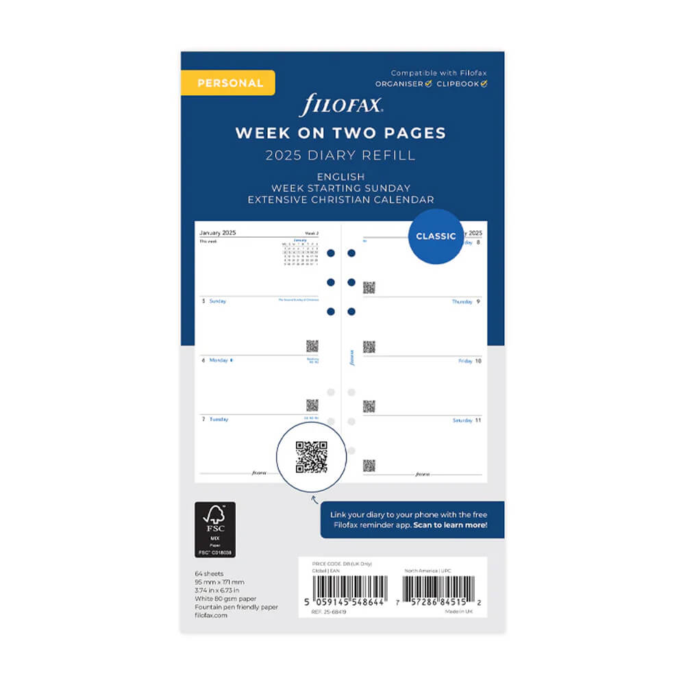 Filofax Week on Two Pages Sunday Start Diary Personal 2025 English